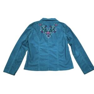 DCC Stretch Missy Corduroy Blazer Floral Embroidery Teal Women's Large Y2K Vtg